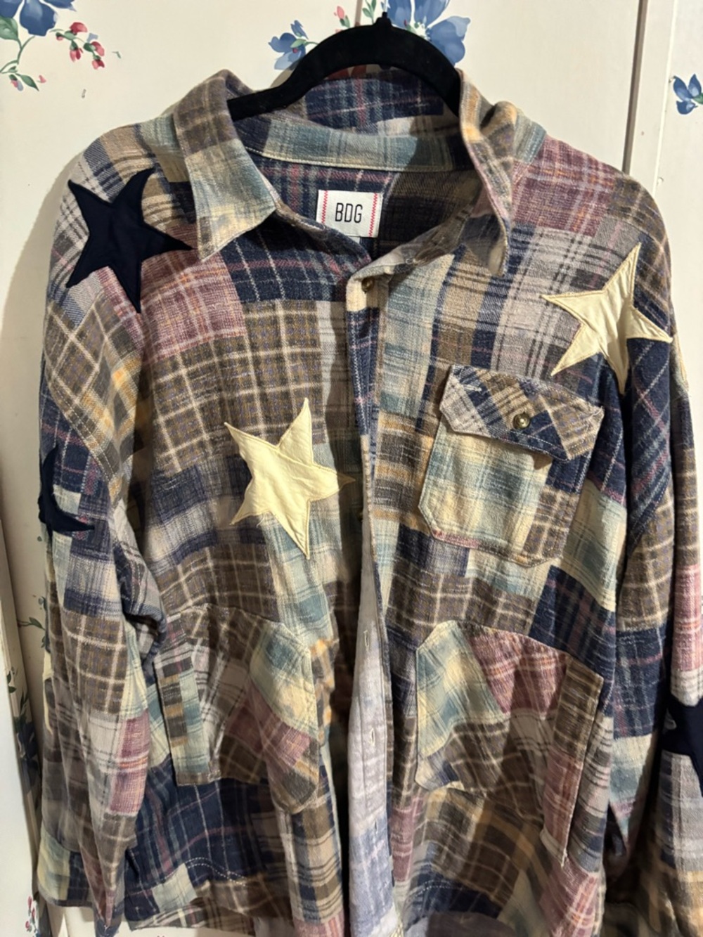 BDG Multicolor Plaid Button-Down Shirt with Star Appliqués
